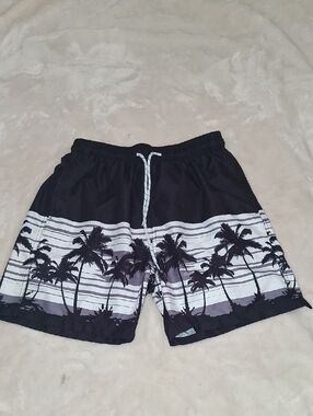 SHEIN Black and White Palm-Striped Swim Board Shorts